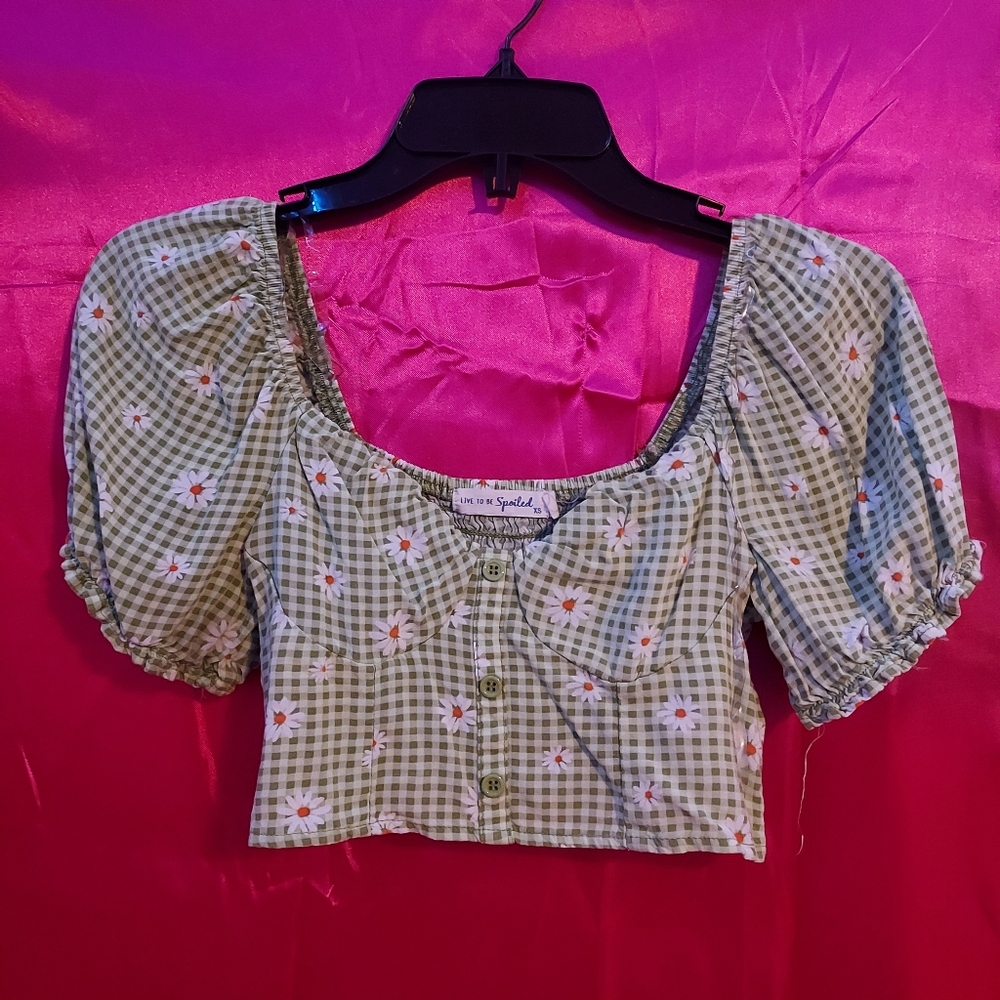 Gingham Flower Crop Top with Buttons